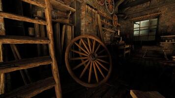Vintage workshop with wooden wheel and tools in a rustic setting video
