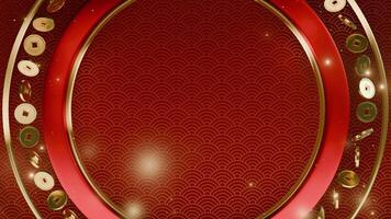 Red and gold circular frame with falling Chinese coins on traditional wave pattern background. Digital illustration with copy space for design and print. Chinese New Year celebration concept. video