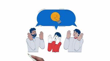 Multicultural team amazed by bright idea hand drawn whiteboard animation. Light bulb speech bubble 4K . Brainstorming office workers animated doodle handdrawn concept pencil drawing video