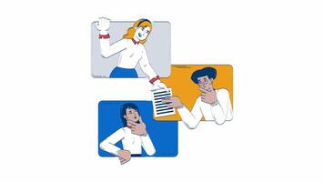 Virtual team collaborating through online interaction hand drawn whiteboard animation. Proofreading 4K . Remote colleagues sharing document animated doodle handdrawn concept pencil drawing video