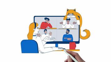 Virtual meeting with lazy cat and coffee hand drawn whiteboard animation. Remote job. call 4K . Teleworker woman working from home animated doodle handdrawn concept pencil drawing video