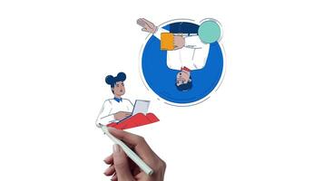 Remote teamwork between two diverse teleworkers hand drawn whiteboard animation. Digital collaboration 4K . Telecommuters working together animated doodle handdrawn concept pencil drawing video