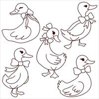 Adorable Bow-Wearing Ducks Coloring Page vector