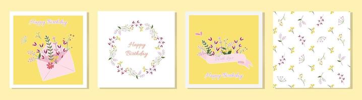 Set of floral birthday concept ornaments. Envelope with flowers, flowers with a bow. Floral frames and seamless floral pattern. decorative greeting card or invitation background design. vector
