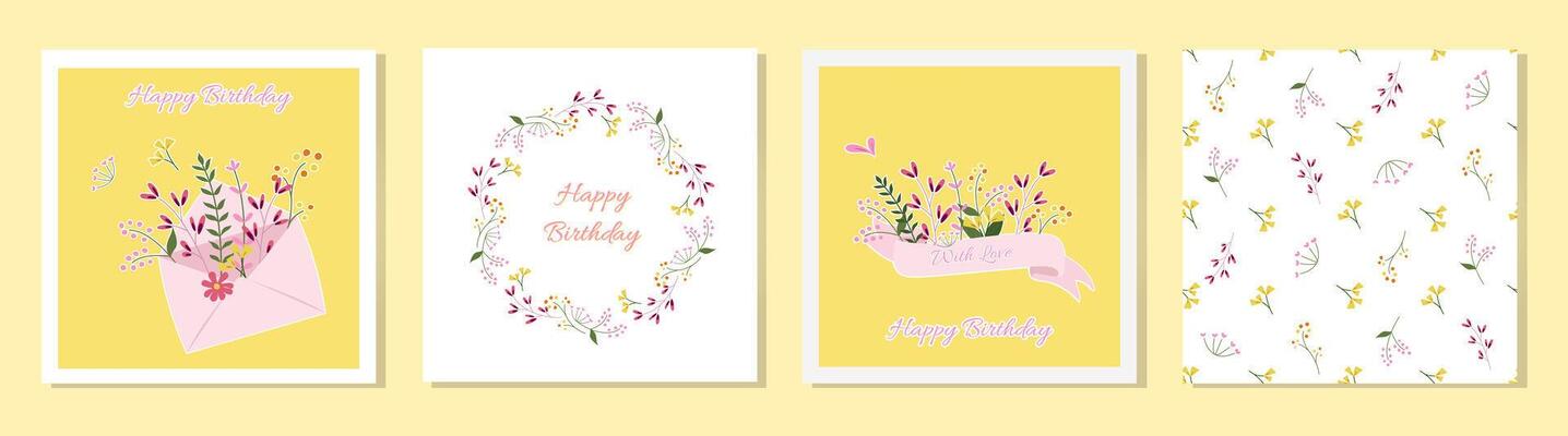 Set of floral birthday concept ornaments. Envelope with flowers, flowers with a bow. Floral frames and seamless floral pattern. decorative greeting card or invitation background design.