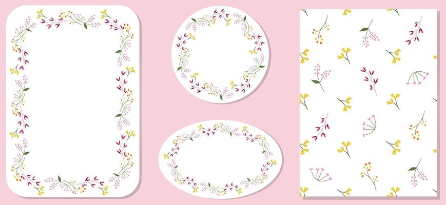Bright floral artistic frames, and seamless pattern. For wedding invitation, birthday and Mothers Day cards, wallpaper, cover, tag, flyer, poster, banner, brochure, menu, email header, and events.