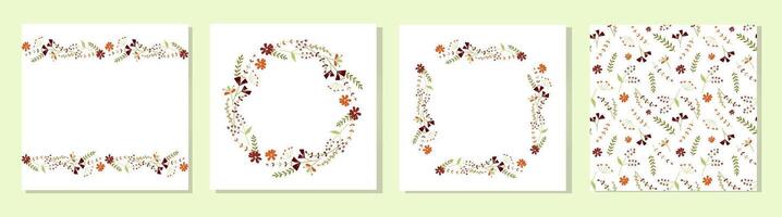 Set of cute postcards with beautiful delicate flowers. Round, rectangular flower frames and seamless pattern. A set of celebration cards for birthday, anniversary or other event. vector