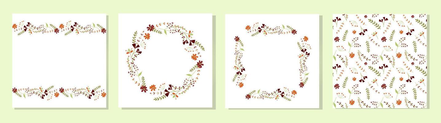 Set of cute postcards with beautiful delicate flowers. Round, rectangular flower frames and seamless pattern. A set of celebration cards for birthday, anniversary or other event.