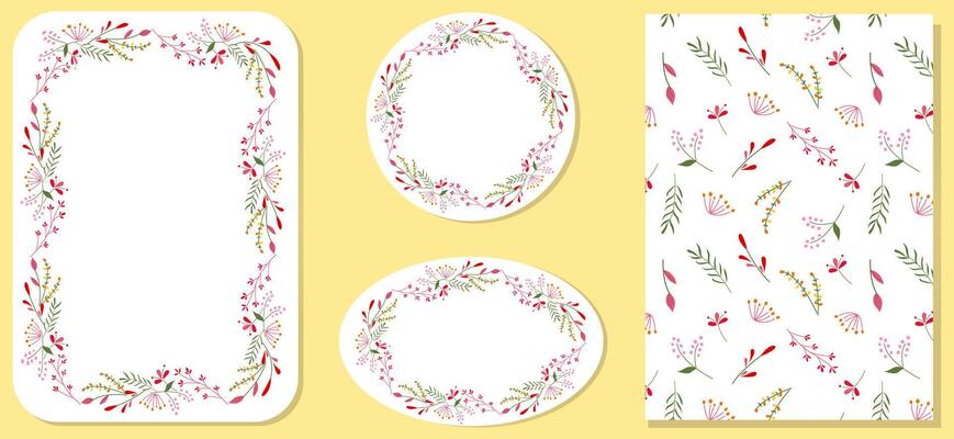 Elegant floral frames and seamless pattern. Cards with place for text. For wedding invitation, birthday, Mother's Day card, tag, labels, flyer, poster, wallpaper, background, cover, menu, and events.