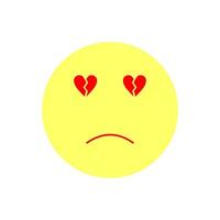 Minimalist yellow emoji design with a sad expression with two red broken hearts, sad emotion breakup, divorce,grief concept vector