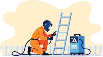A welder in orange suit works on ladder, showcasing skill and precision vector