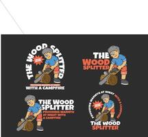 Wood splitter character is splitting wood using a chainsaw. Flat art illustration in 4 types vector