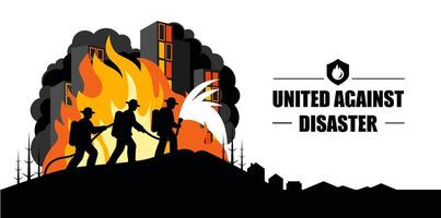 Silhouettes of Firefighters Pulling a Hose with Burning Buildings, Conceptual Image for Banners vector