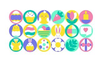 The Happy Easter Icon Set in Bauhaus Geometric Style with Festive Symbols, Bunny, Painted Eggs etc vector