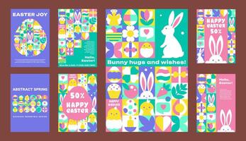 Set of posters and banners template with Happy Easter patterns and icons, Bauhaus Geometric style vector