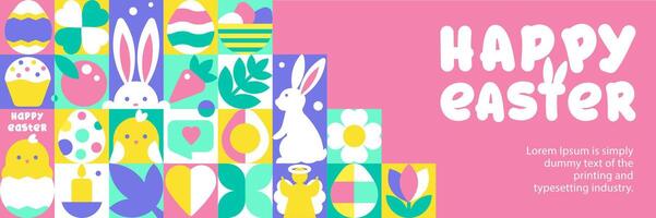The Happy Easter banner template with Seamless Pattern, Bauhaus Geometric Icons and Text, hero image vector