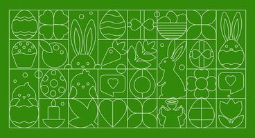 Line Art Happy Easter Design in Art Deco Style. Bauhaus Geometric Pattern on Green Background vector