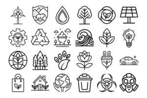 Outline Style Environmental Icons Highlighting Eco-Friendly Practices, Conservation, and Renewable Energy vector