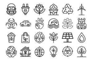 Elegant Line Art Icons Representing Clean Energy, Recycling, Ecology, and Sustainable Environmental Practices vector