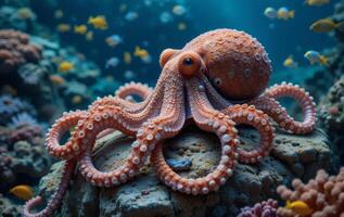 A big red octopus is relaxing on a rock, friend in the sea photo
