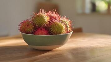 Bowl of rambutans on a wooden table, illuminated by sunlight. photo