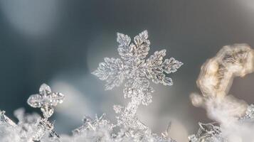 Intricate snowflake detail macro shot, winter crystal, ice. photo