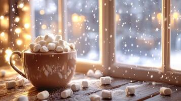 Cozy hot chocolate with marshmallows by snowy window. photo