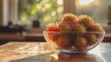 Fresh rambutan fruit in a glass bowl on a wooden table, illuminated by warm sunlight. photo