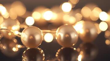 Sparkling pearls illuminated by warm, soft lights reflected on dark surface. photo