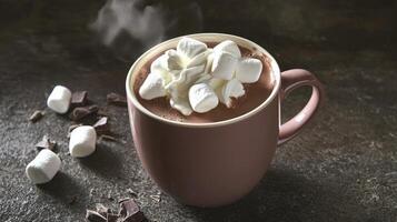 Steaming mug of hot chocolate topped with marshmallows and whipped cream. photo