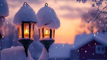 Snow-covered lanterns glow at sunset, with a snowy house in the background. photo