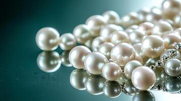Close-up of lustrous white pearls scattered on a reflective surface. photo