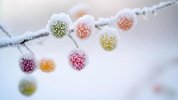Frosty berries on a branch in the snow photo