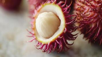 Close-up of a peeled rambutan, revealing its white flesh. Other rambutans are in the background. photo