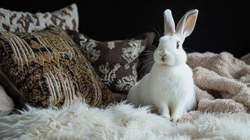Adorable white rabbit sits on a cozy bed with pillows and blankets. photo