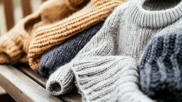 Stack of cozy knit sweaters in autumnal colors on a wooden surface. photo