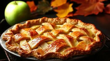 Delicious golden-brown apple pie with a lattice crust, next to a green apple and autumn leaves. photo