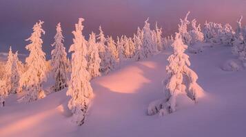 Snow-covered fir trees on a mountain slope at sunset. photo
