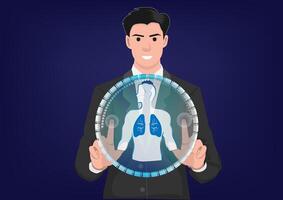 Illustration of a young businessman checking the condition of his lungs Using virtual artificial intelligence technology vector