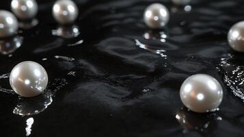 Glistening pearls scattered on a dark, reflective surface, creating an elegant and luxurious feel. photo