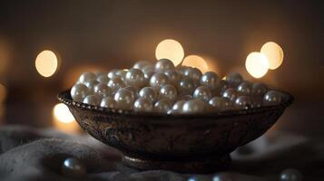 Gleaming pearls in antique bowl, bokeh lights. photo