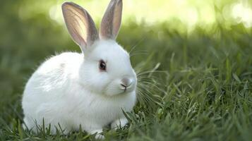 Adorable white rabbit sitting in green grass. photo