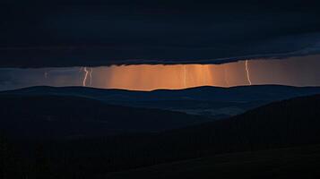 Dramatic lightning storm over dark mountain range at sunset. photo
