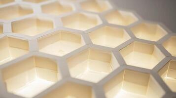 Illuminated honeycomb pattern, close-up view of textured hexagonal cells. photo
