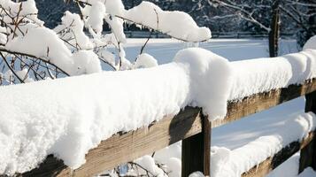 A fence covered in snow with a tree in the background photo