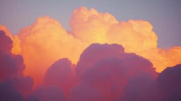 Vibrant sunset colors illuminate fluffy cumulus clouds, creating a dramatic, textured sky. photo