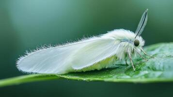 Close-up of a white fluffy moth resting on a green leaf. photo