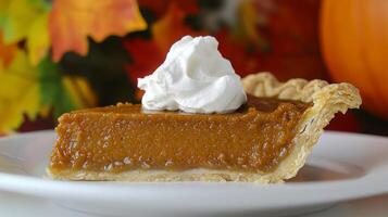 A slice of pumpkin pie with whipped cream, autumn leaves, and a pumpkin in the background. photo