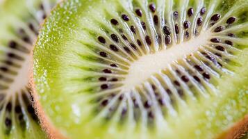 Close-up of sliced kiwi fruit, showcasing vibrant green flesh, tiny black seeds, and juicy texture. photo