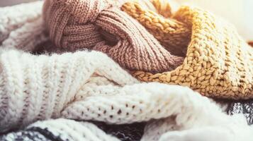 Soft, cozy knit sweaters in warm neutral colors. photo